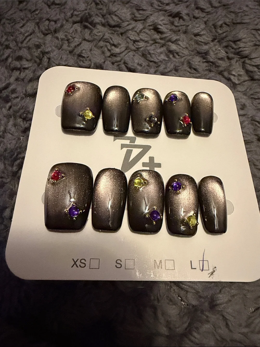 Cateye Charcoal handmade acrylic Press-On Nails with Multicolor Gems